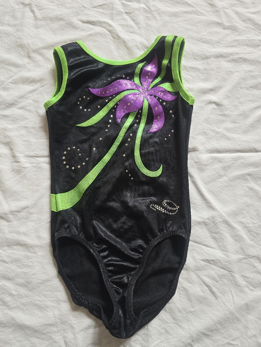 Black Gymnastics Leotard with Neon Green Trim & Purple Floral Design